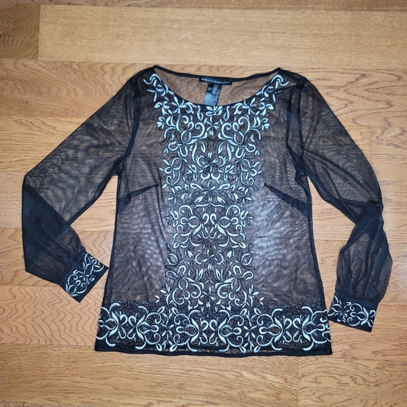 White House Black Market Embroidered Mesh Top Black Size Small - Picture 9 of 12